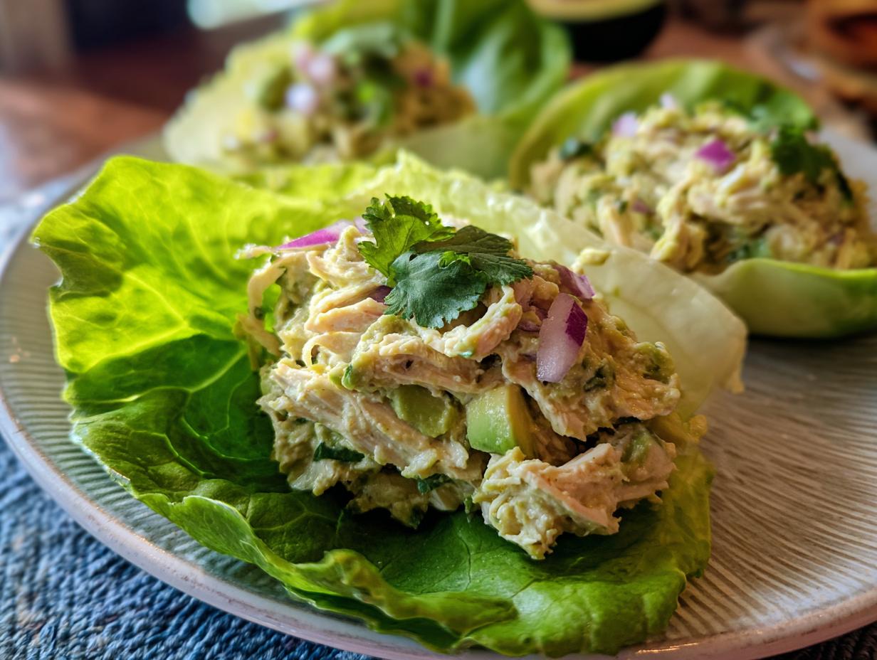 Close-up of creamy avocado chicken salad served in bright green lettuce cups, topped with red onion.
