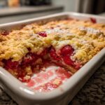 A portion has been removed from a freshly baked cherry dump cake, showing the bright red filling and golden crumble topping.