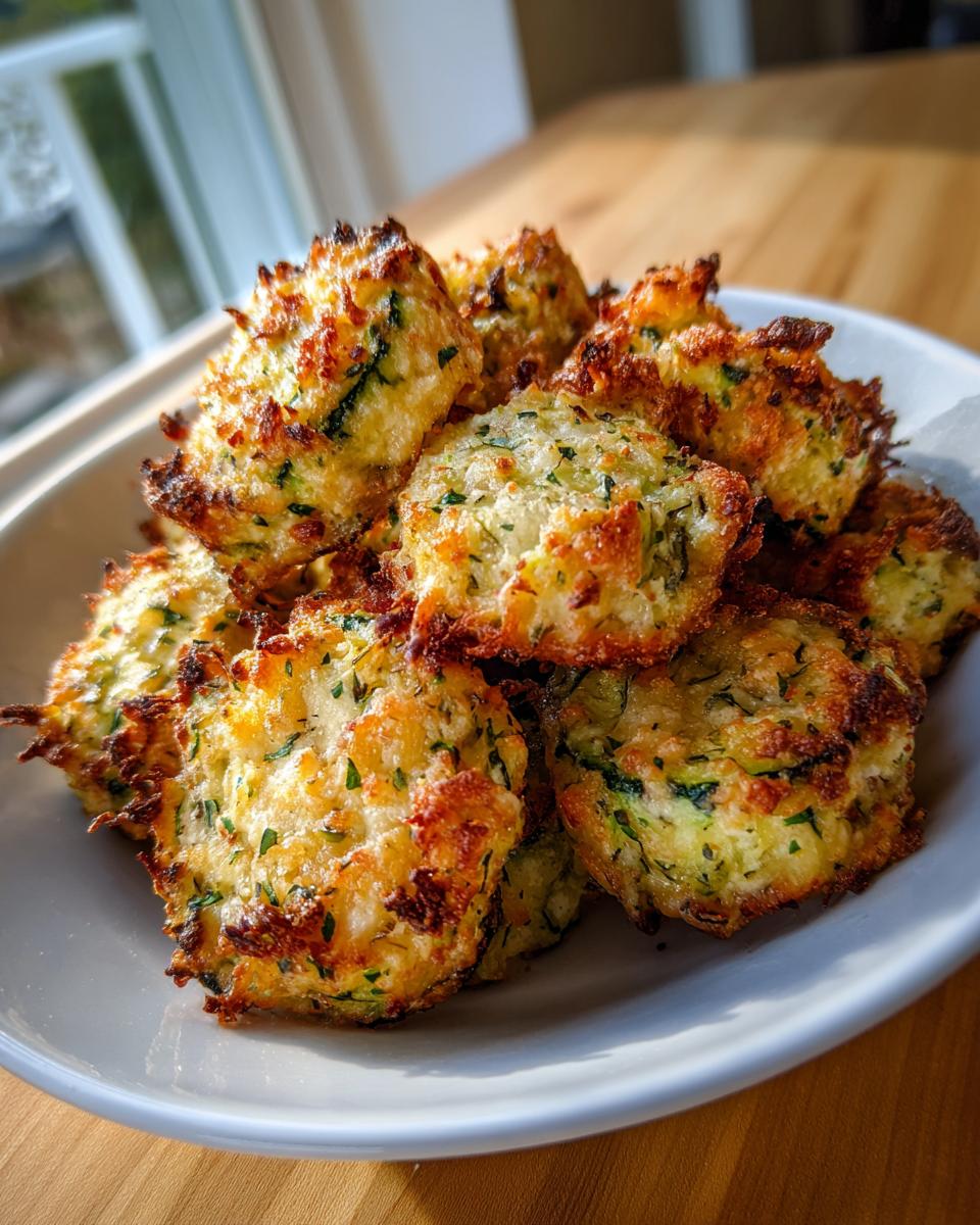 A close-up of several golden brown baked parmesan zucchini bites piled high on a white plate.
