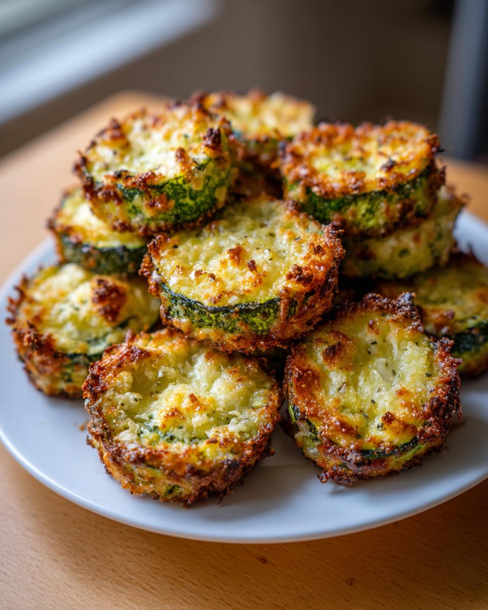 A stack of perfectly golden baked parmesan zucchini slices with crispy, browned cheese edges.
