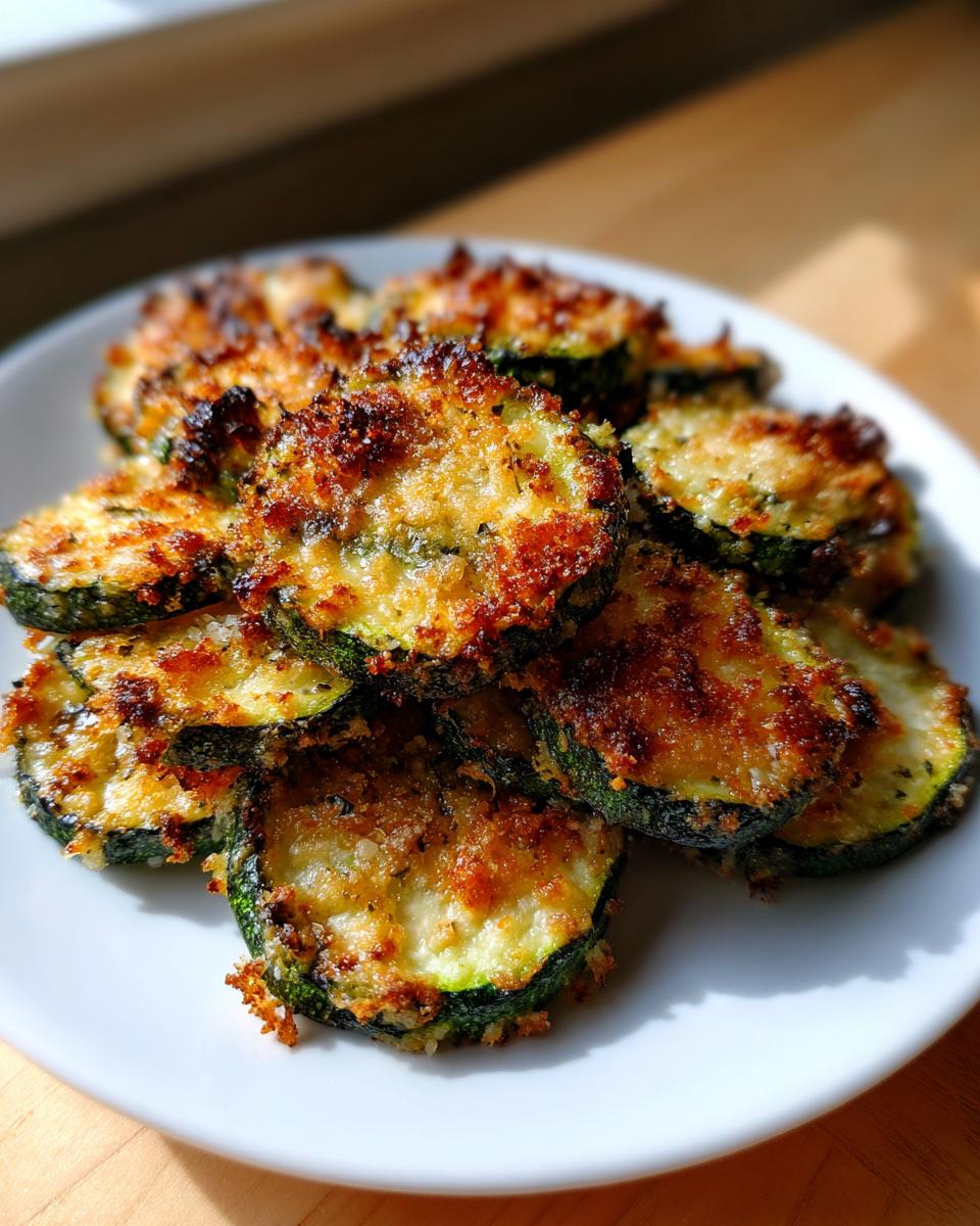 A plate piled high with golden brown, crispy baked parmesan zucchini slices.