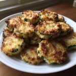 A pile of golden brown, crispy baked parmesan zucchini slices served on a white plate.