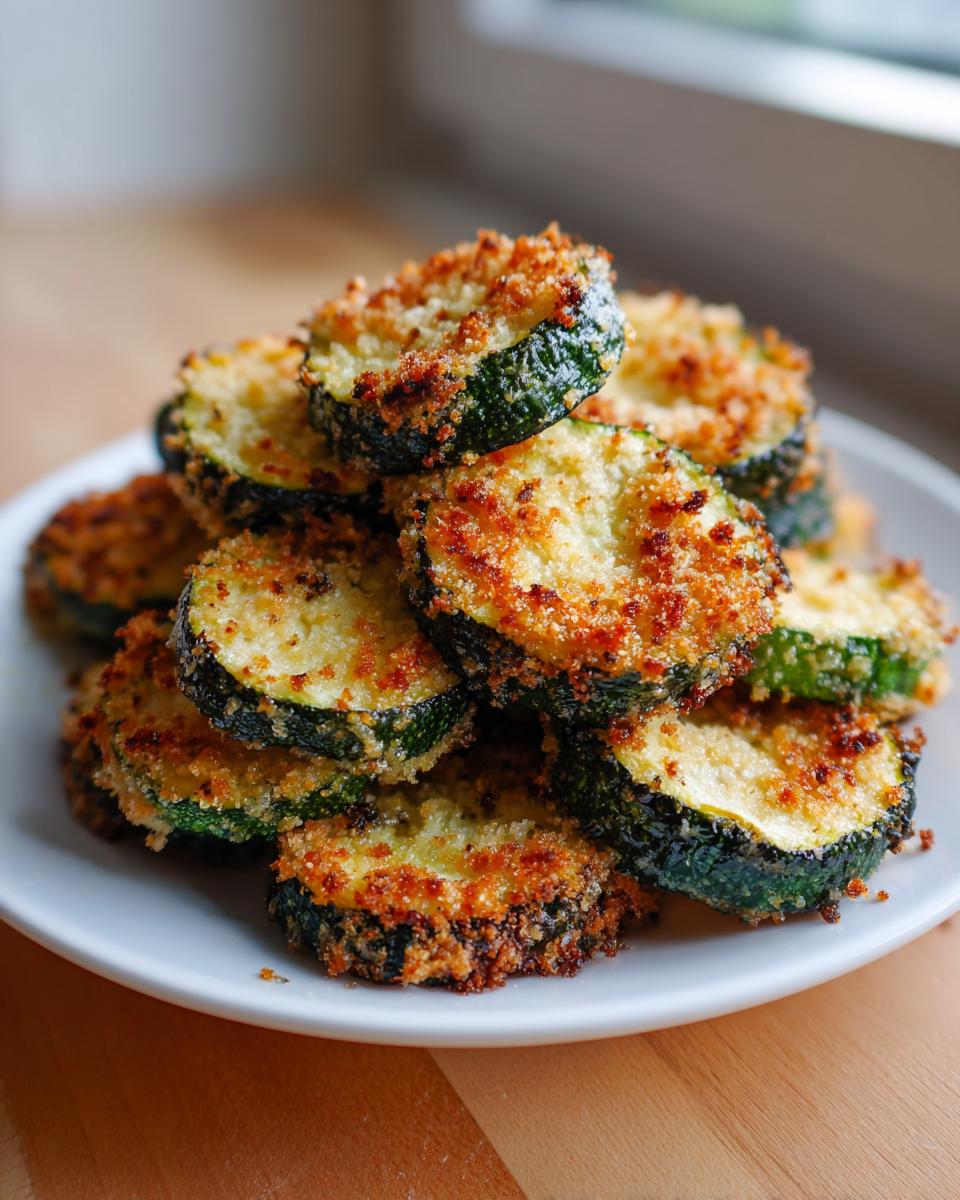 A stack of golden brown, crispy baked parmesan zucchini slices on a white plate.