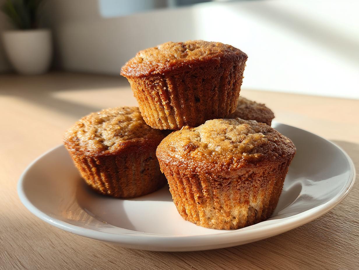 A stack of four golden-brown banana protein muffins resting on a small white plate in bright sunlight.