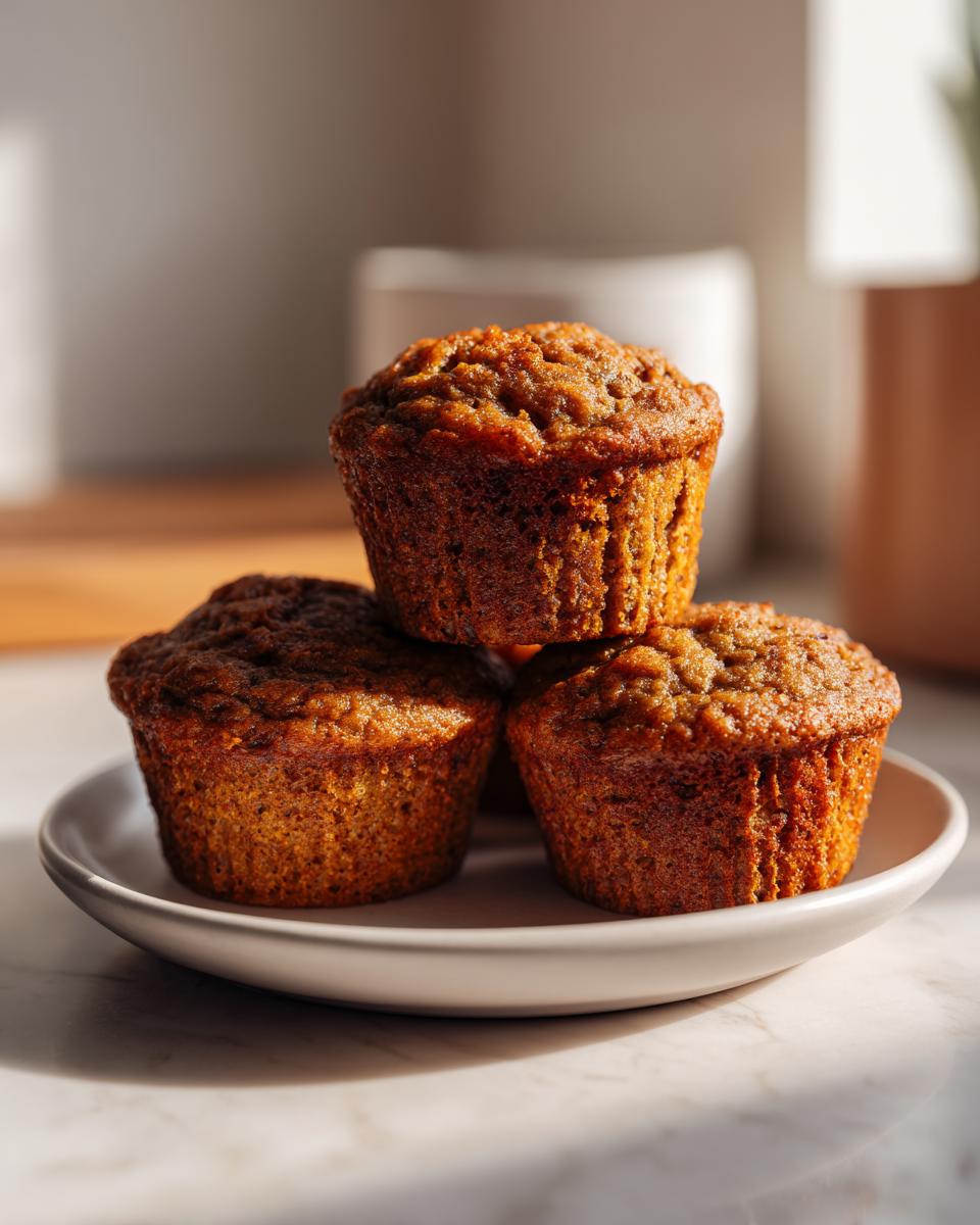 Three golden brown banana protein muffins stacked on a small white plate in warm sunlight.