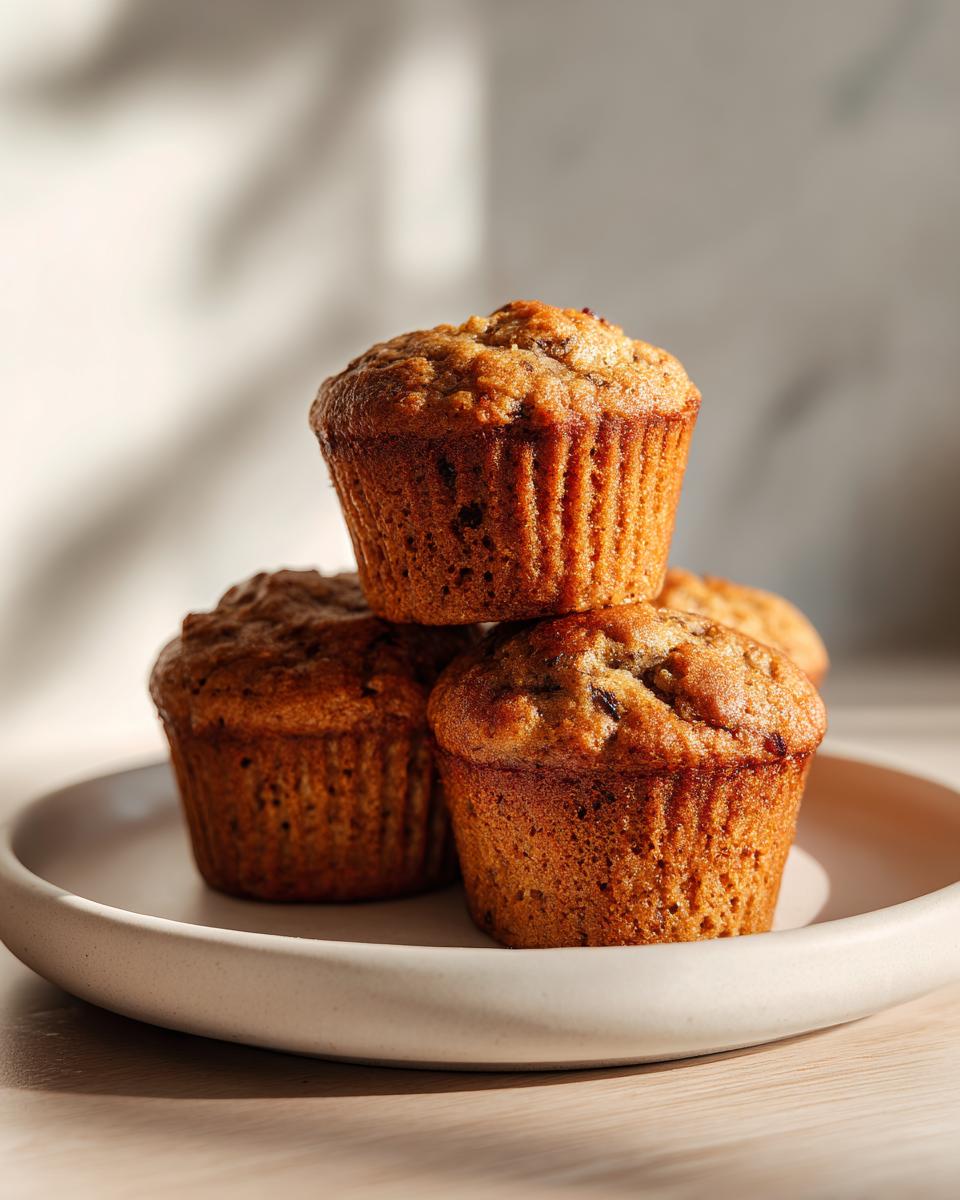 A stack of four golden-brown banana protein muffins resting on a light-colored plate, illuminated by natural light.