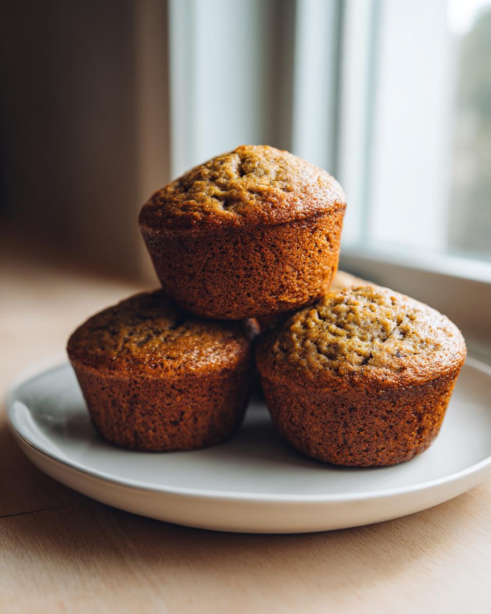 Three golden-brown banana protein muffins stacked on a white plate near a bright window.