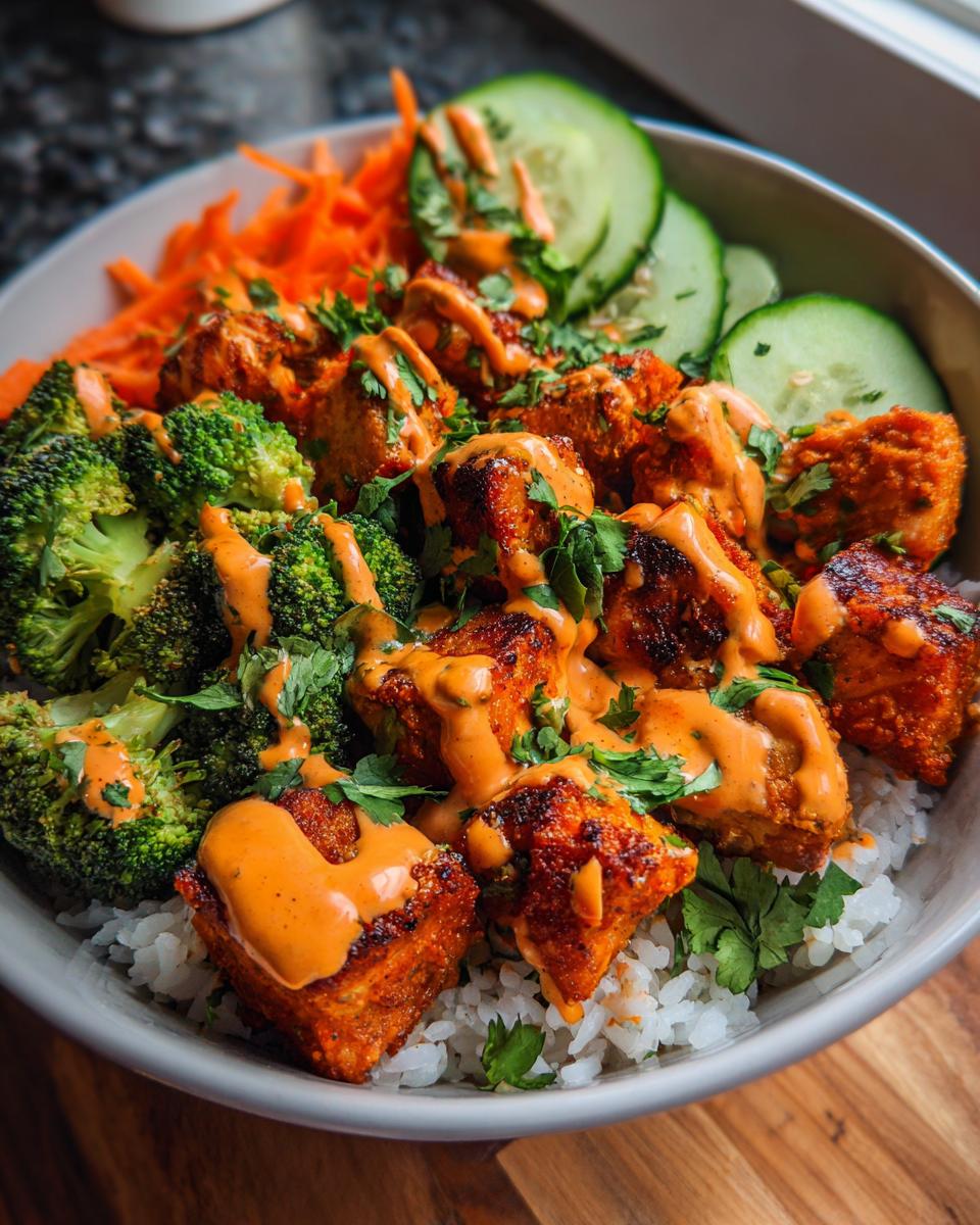 A close-up of a vibrant Bang Bang Salmon Bowls featuring crispy salmon pieces, broccoli, carrots, cucumber, and drizzled with orange sauce over rice.