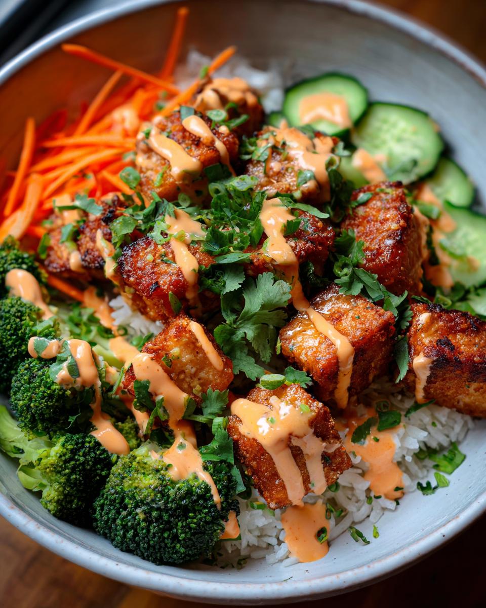 Close-up of crispy salmon pieces drizzled with orange sauce in a bowl with rice, broccoli, carrots, and cucumbers, ready for Bang bang salmon bowls.