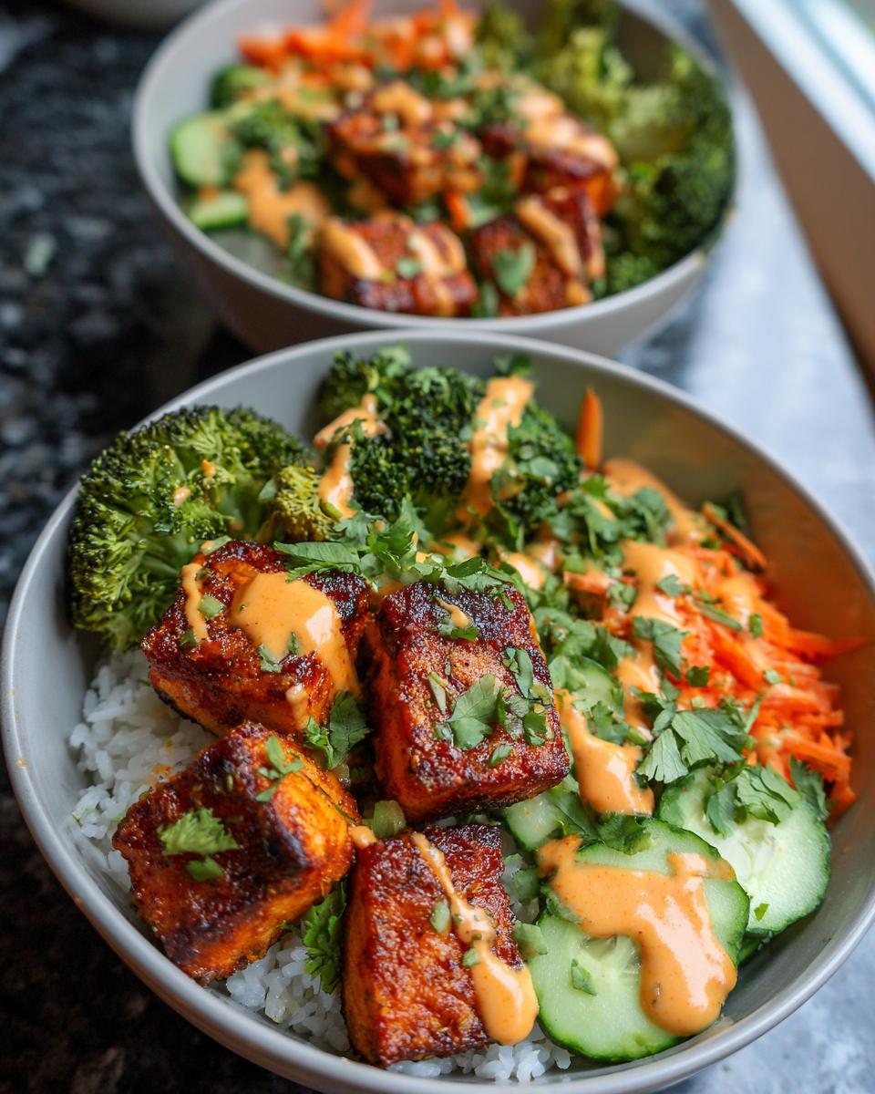 Close-up of seared salmon pieces served over rice with broccoli, carrots, cucumber, and drizzled with bang bang sauce in a bowl.
