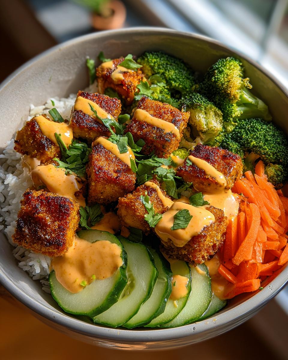 Close-up of a bowl featuring crispy salmon pieces drizzled with sauce over rice, served with broccoli, carrots, and cucumber slices in a Bang bang salmon bowls.
