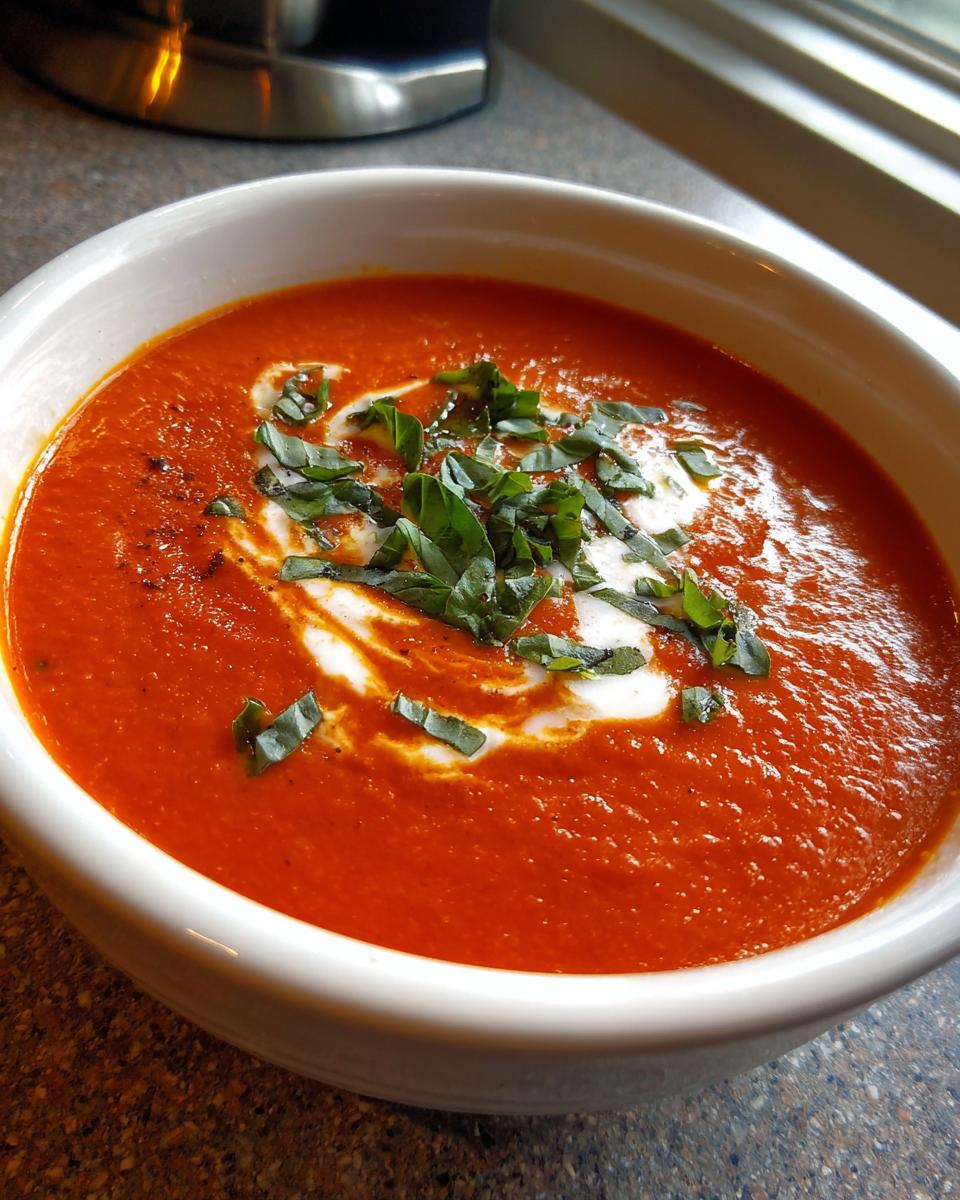 Close-up of a bowl of rich, red tomato bisque topped with a swirl of cream and fresh chopped basil.