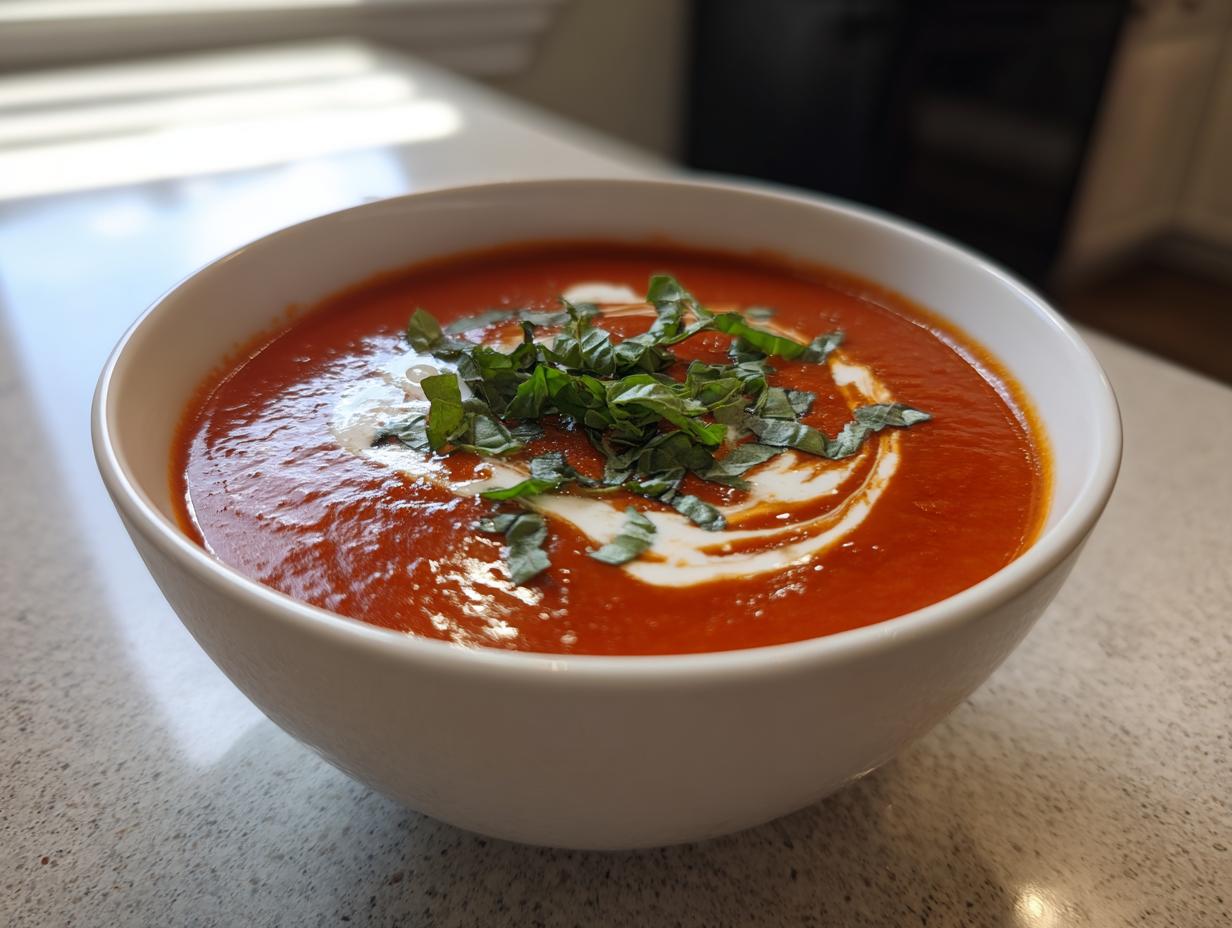 A close-up of a white bowl filled with rich, silky tomato bisque, garnished with a swirl of cream and fresh basil.
