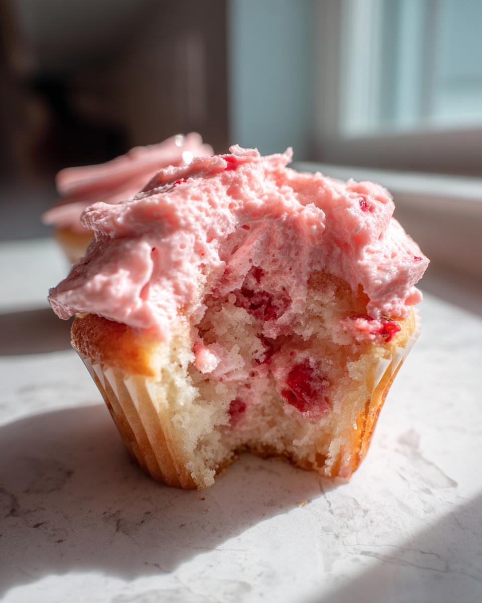 Close-up of a bitten strawberry cupcakes revealing moist cake and chunks of strawberry inside, topped with pink frosting.