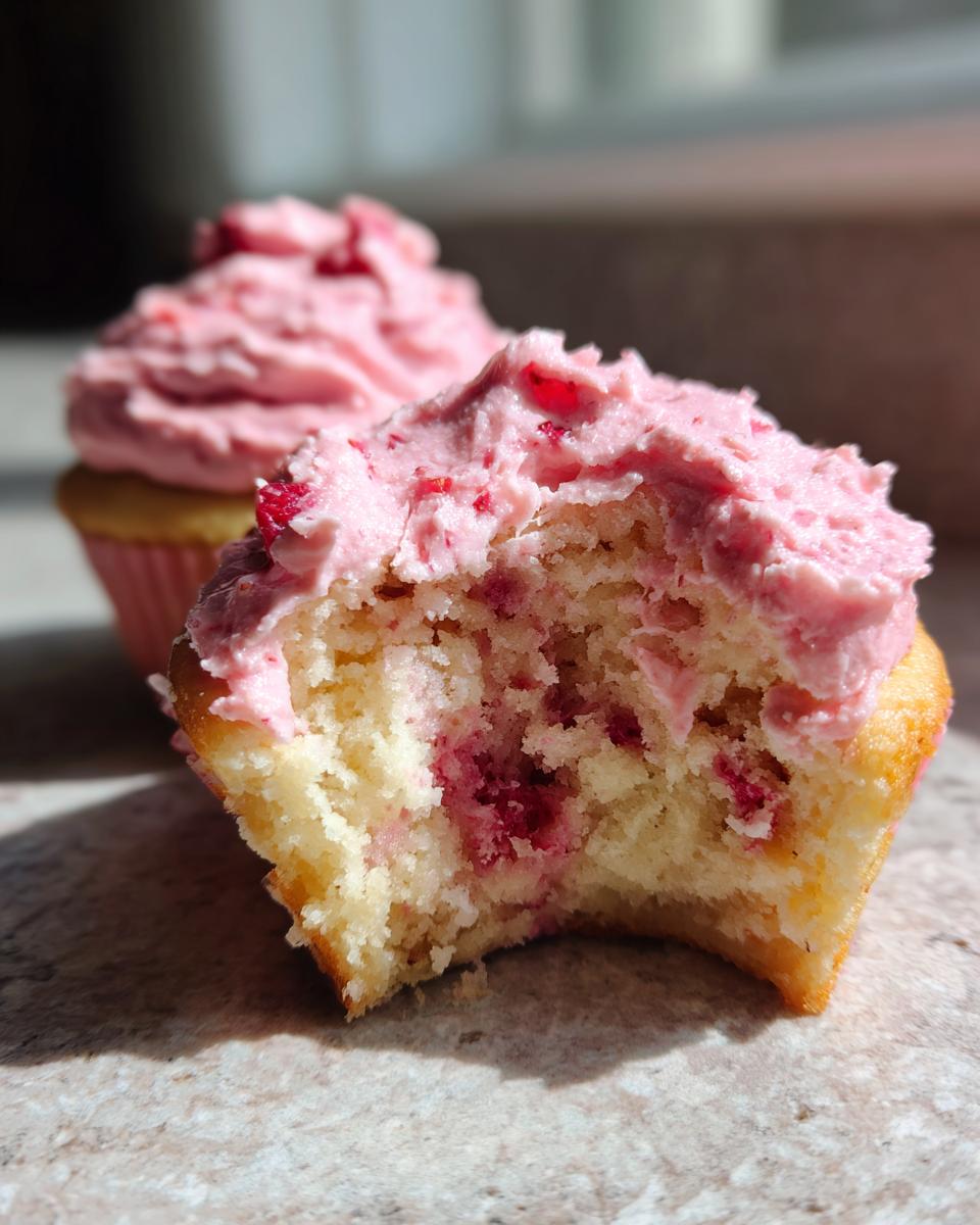 Close-up of a strawberry cupcakes with a bite taken out, revealing the moist cake and pink strawberry frosting.