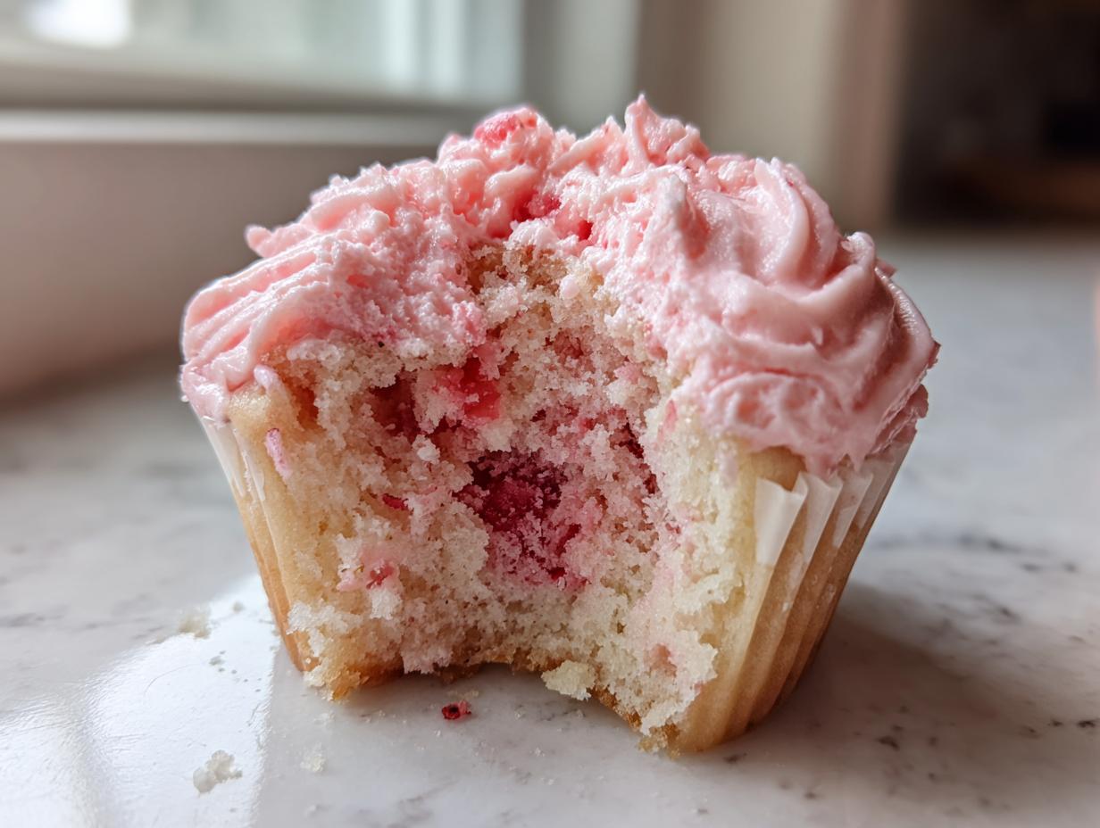 Close-up of a strawberry cupcakes with a bite taken out, revealing the moist cake and pink filling/frosting.