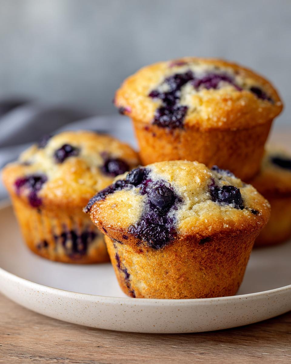 Close-up of several golden-brown blueberry protein muffins, topped with sugar crystals, stacked on a speckled white plate.