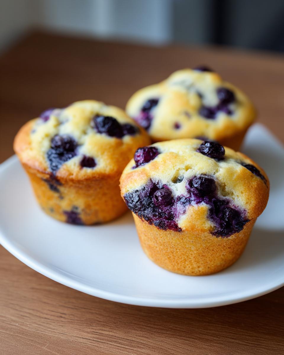 Three golden-brown blueberry protein muffins sitting on a white plate against a wooden background.