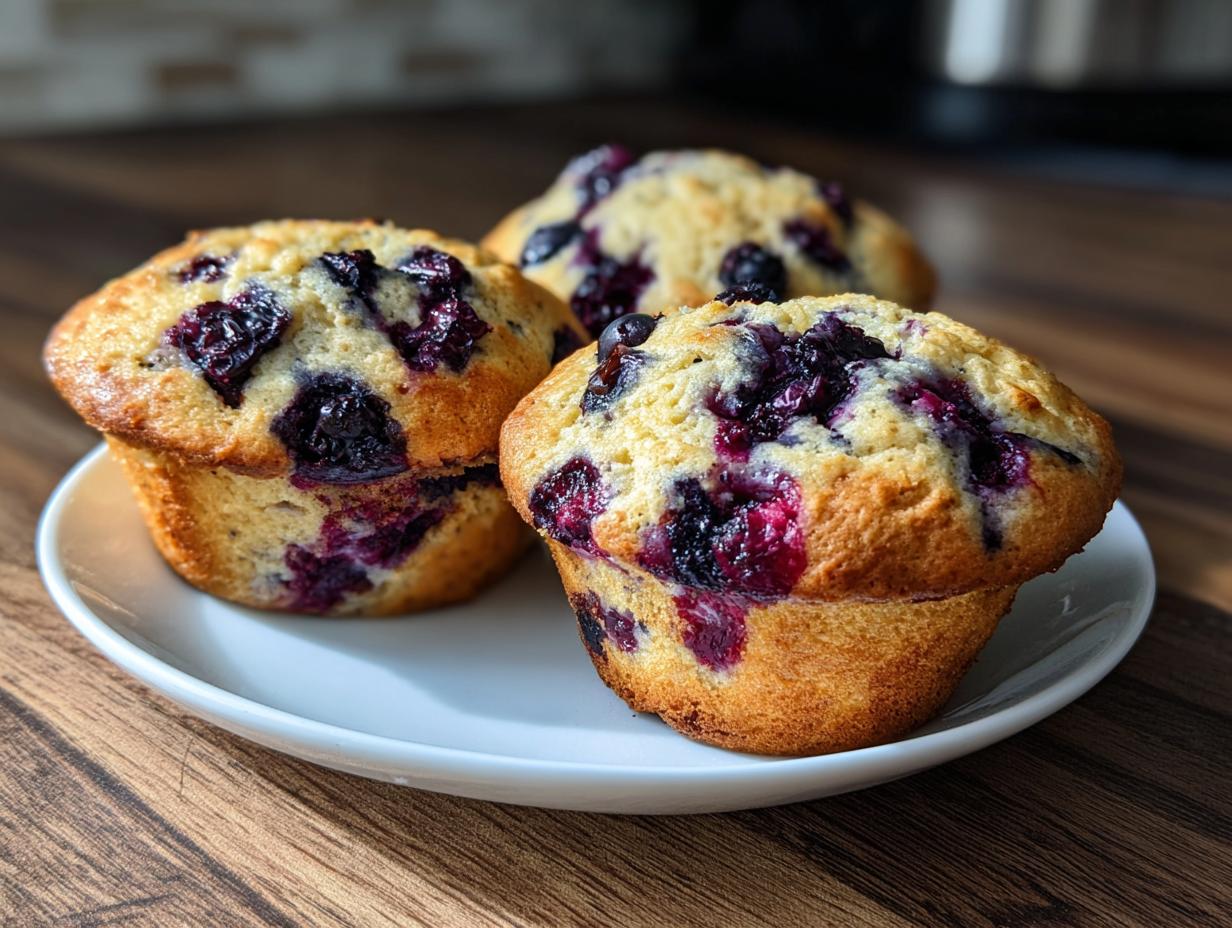 Three golden-brown blueberry protein muffins stacked slightly on a small white plate on a wooden surface.