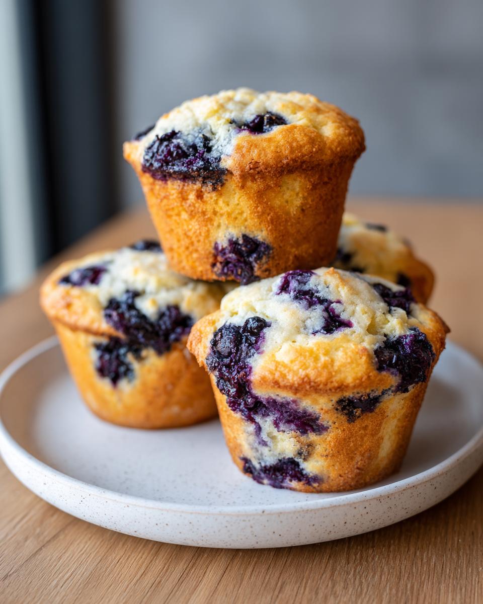 A stack of four golden-brown blueberry protein muffins with visible purple berries on a speckled white plate.