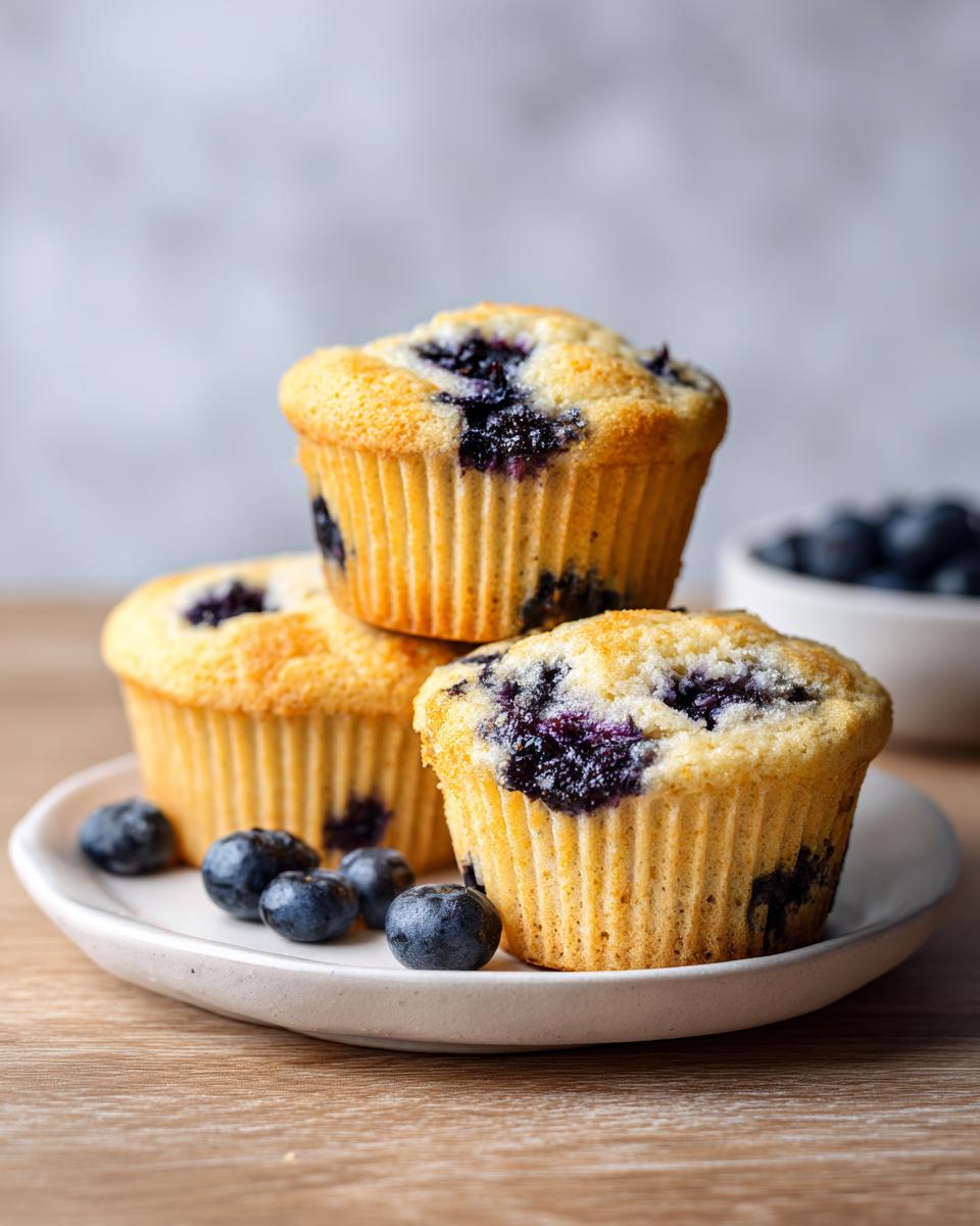 Three golden blueberry protein muffins stacked on a small white plate with fresh blueberries scattered around.