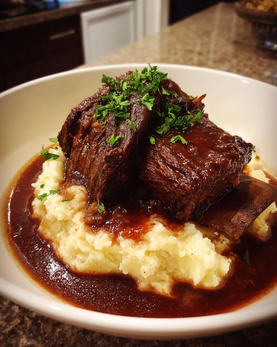 Two tender braised short ribs covered in rich sauce, served over creamy mashed potatoes and garnished with parsley.