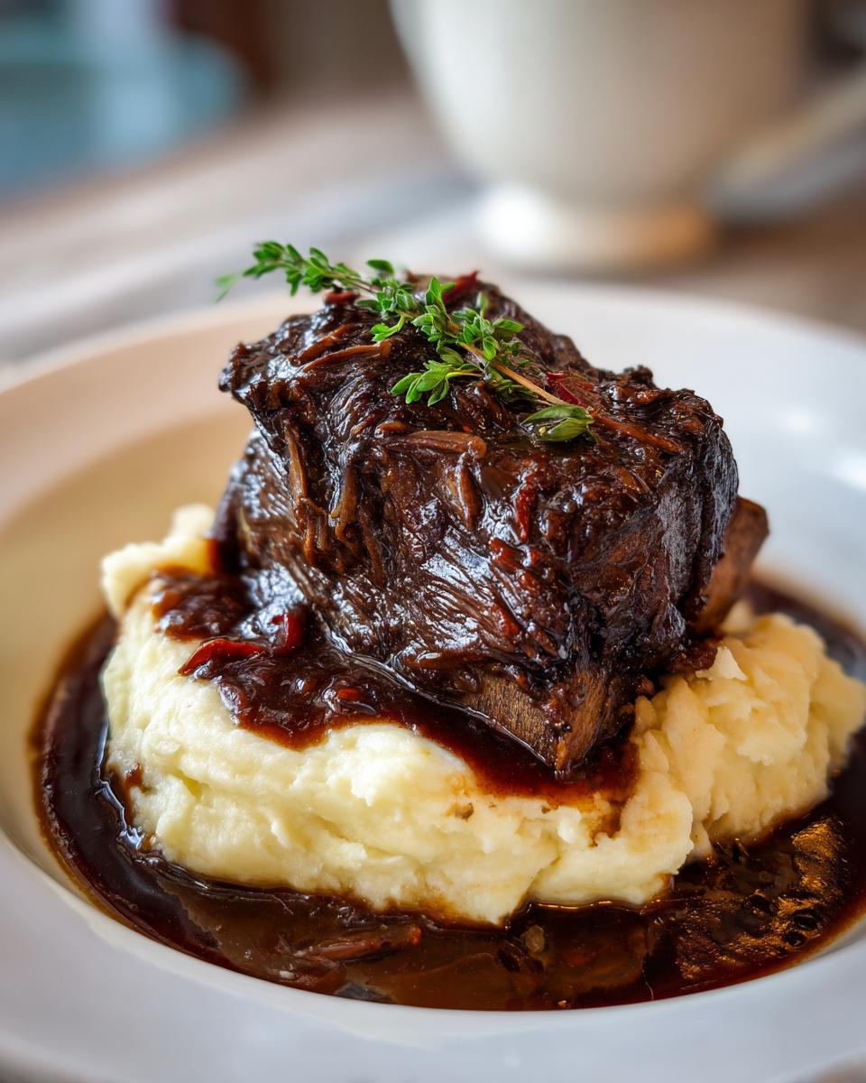 A single serving of rich, dark braised short ribs served over creamy mashed potatoes and drizzled with sauce, garnished with thyme.