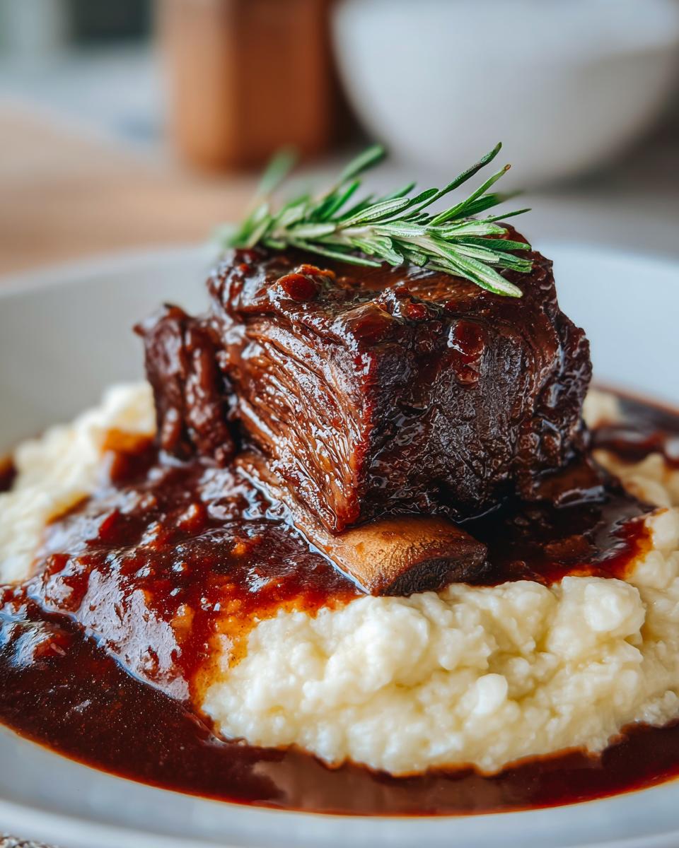 A close-up of a tender piece of braised short ribs covered in rich sauce, served over creamy polenta and garnished with rosemary.