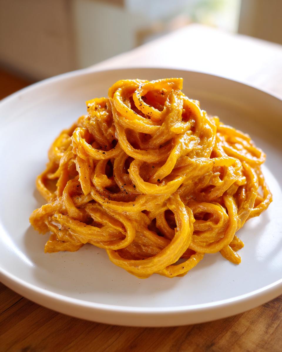 A close-up of spiralized noodles coated in rich, orange butternut squash pasta sauce, seasoned with black pepper.