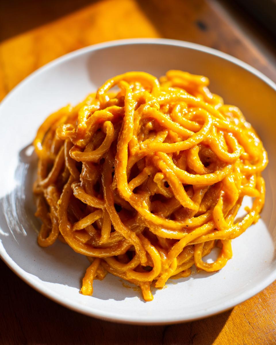Close-up of spaghetti coated thickly in a vibrant orange butternut squash pasta sauce, served in a white bowl.