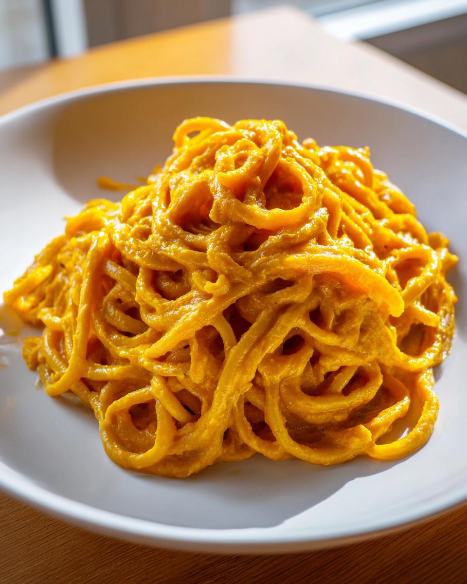 A close-up of spaghetti noodles generously coated in a vibrant orange butternut squash pasta sauce, served in a white bowl.