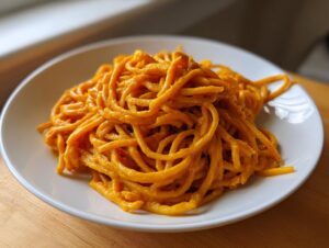 A plate of spaghetti generously coated in a vibrant orange butternut squash pasta sauce.