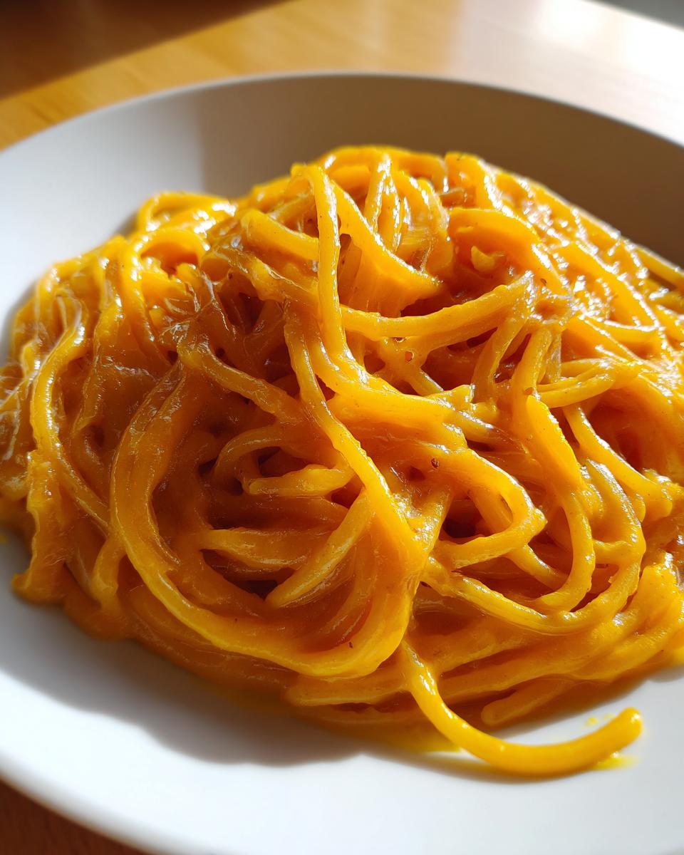 Close-up of spaghetti noodles thoroughly coated in a vibrant orange butternut squash pasta sauce.