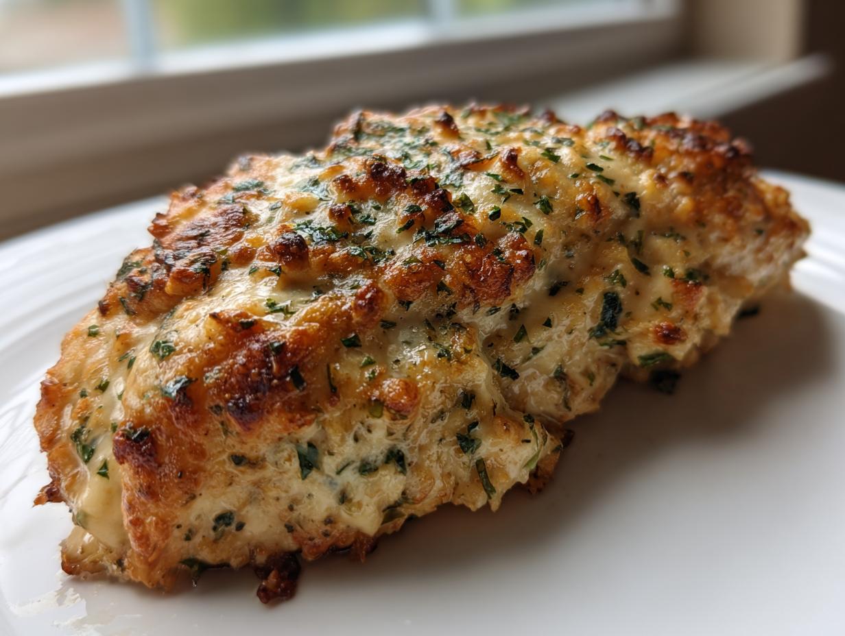 Close-up of a baked caesar chicken breast topped with melted, browned cheese and chopped parsley.