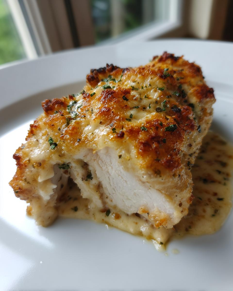 Cross-section of a perfectly cooked caesar chicken breast showing white meat, golden crust, and creamy sauce.