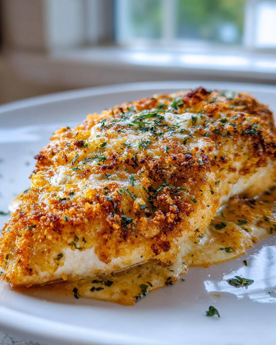 Close-up of a perfectly baked caesar chicken breast with a golden, crispy topping sitting in a creamy sauce.