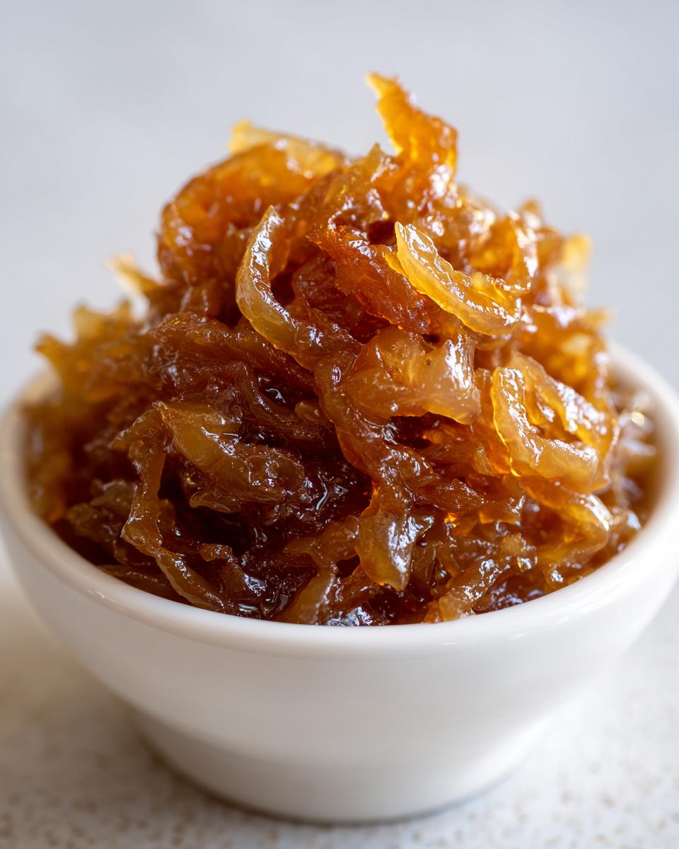 Close-up of a small white bowl filled with rich, glossy caramelized onions.