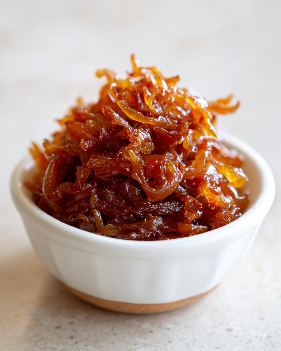A close-up shot of rich, dark brown caramelized onions piled high in a small white ramekin.