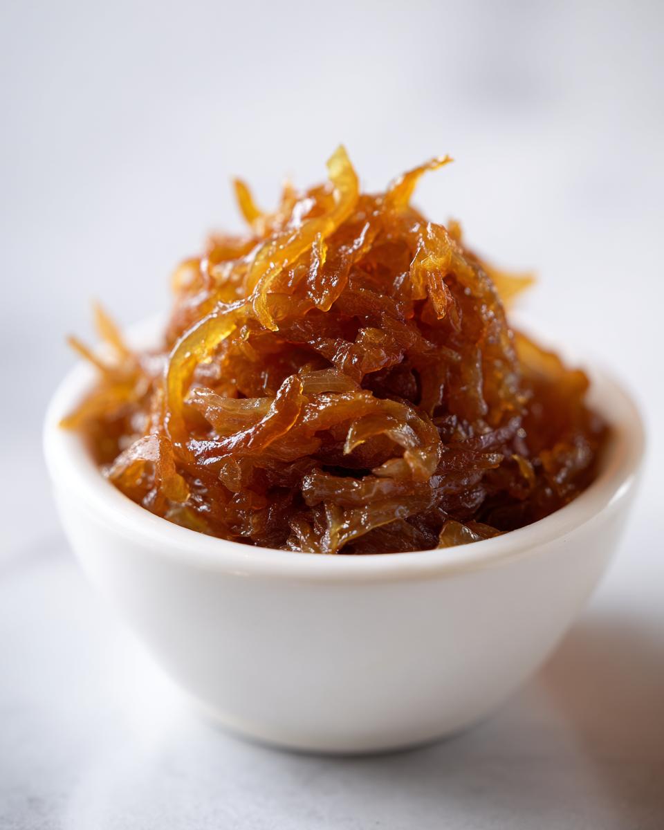 Close-up of a small white bowl filled with rich, dark brown caramelized onions.