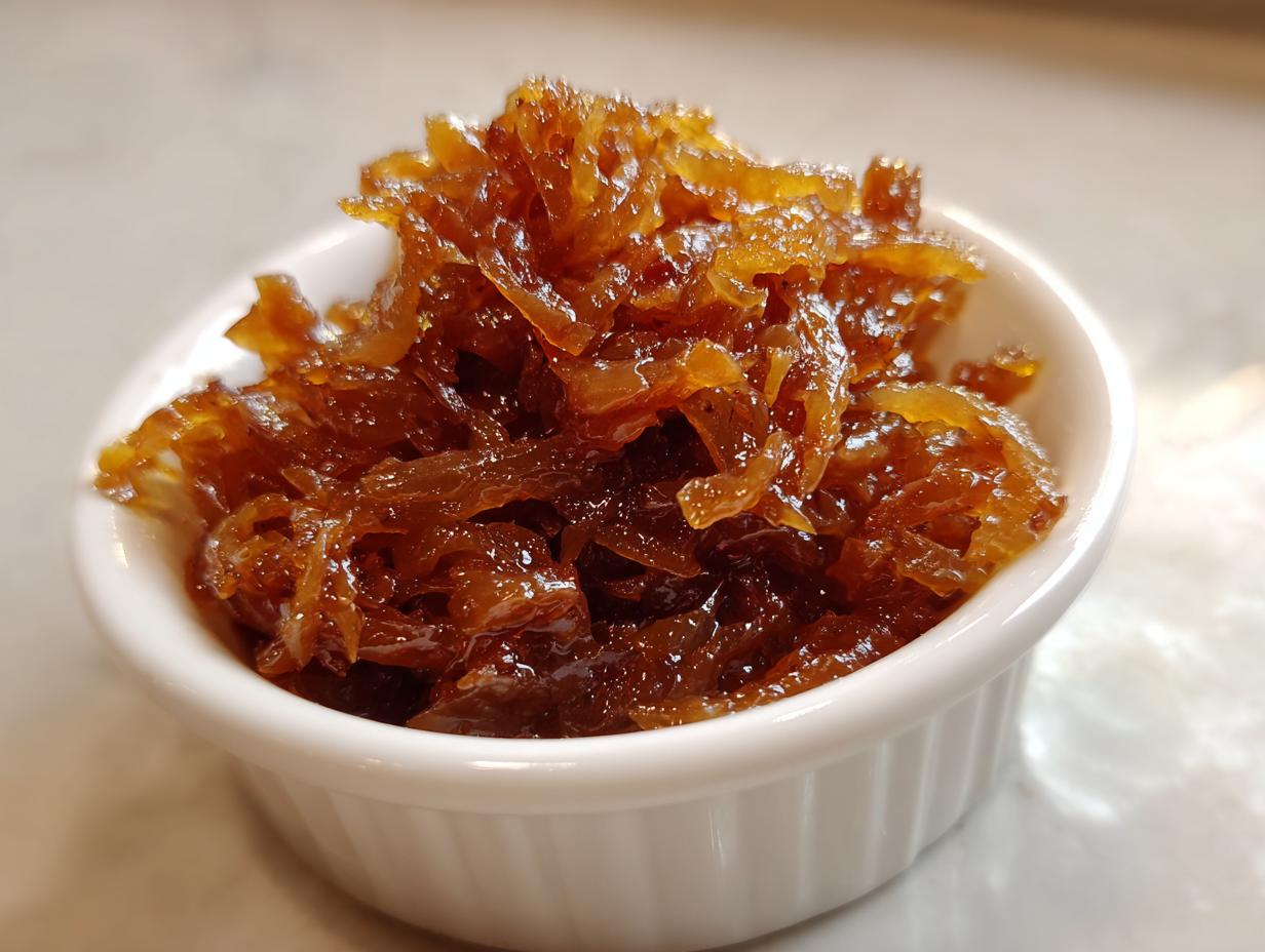 Close-up of rich, dark brown caramelized onions piled high in a small white ramekin.
