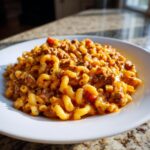 A close-up, appetizing serving of cheesy taco pasta made with elbow macaroni and seasoned ground beef in a white bowl.