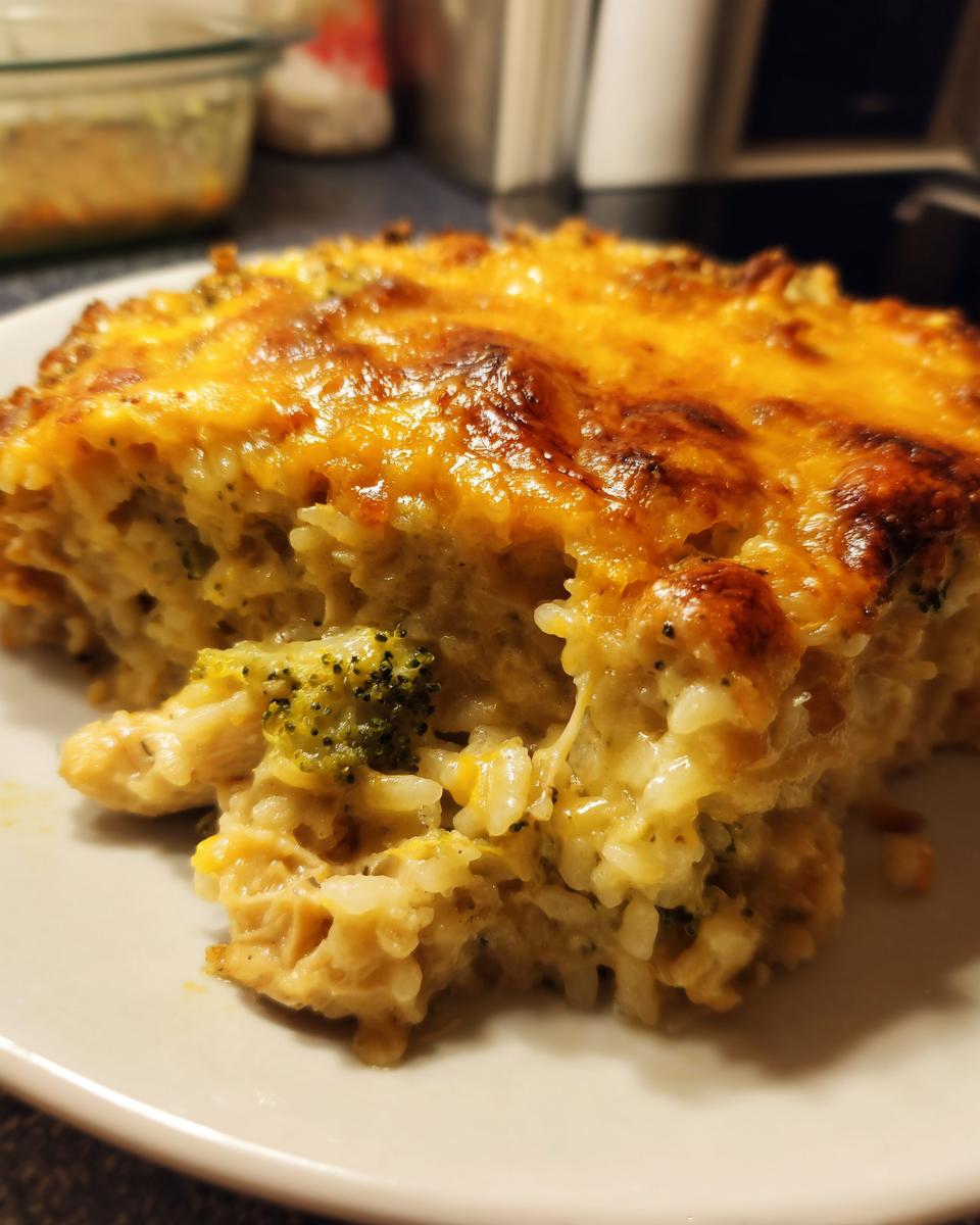 Close-up of a serving of creamy chicken broccoli rice casserole topped with melted, browned cheddar cheese.