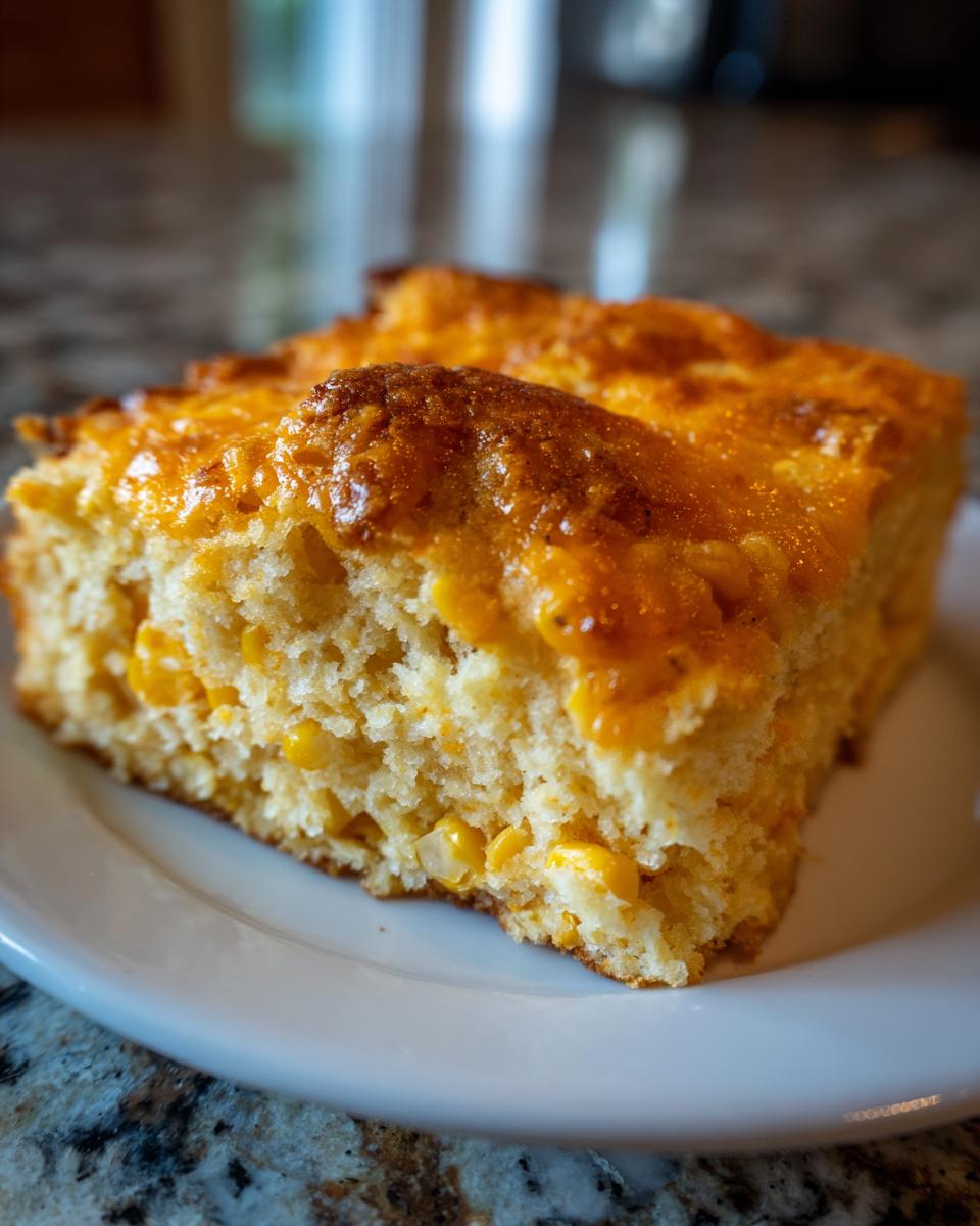 Close-up of a moist slice of cheesy cornbread casserole, featuring visible corn kernels and a golden-brown top crust.