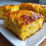 A close-up of a moist slice of cheesy cornbread casserole topped with melted, browned cheddar cheese and whole corn kernels.