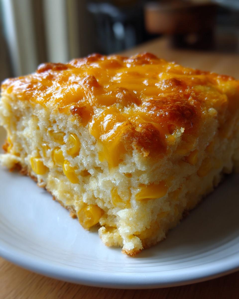 A square slice of moist cornbread casserole studded with corn kernels and topped with melted cheddar cheese.