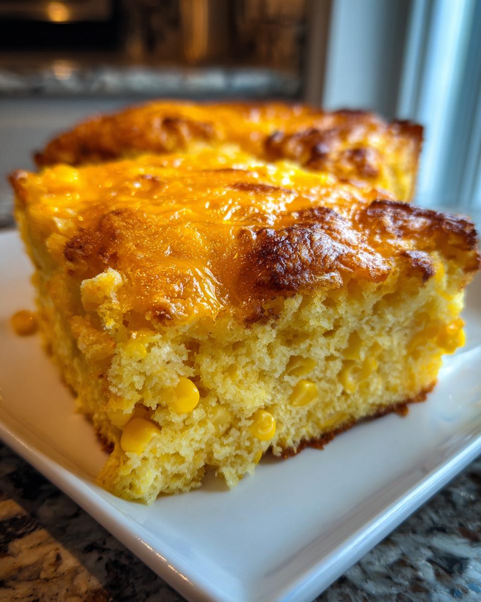 Close-up of a moist slice of cheesy cornbread casserole topped with melted cheddar cheese and visible corn kernels.