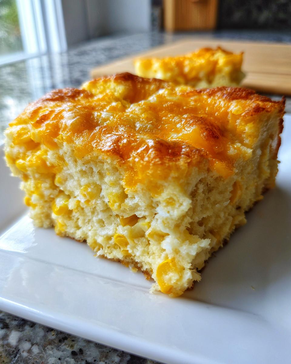 A close-up of a square slice of cheesy cornbread casserole, featuring visible corn kernels and a melted cheddar cheese topping.