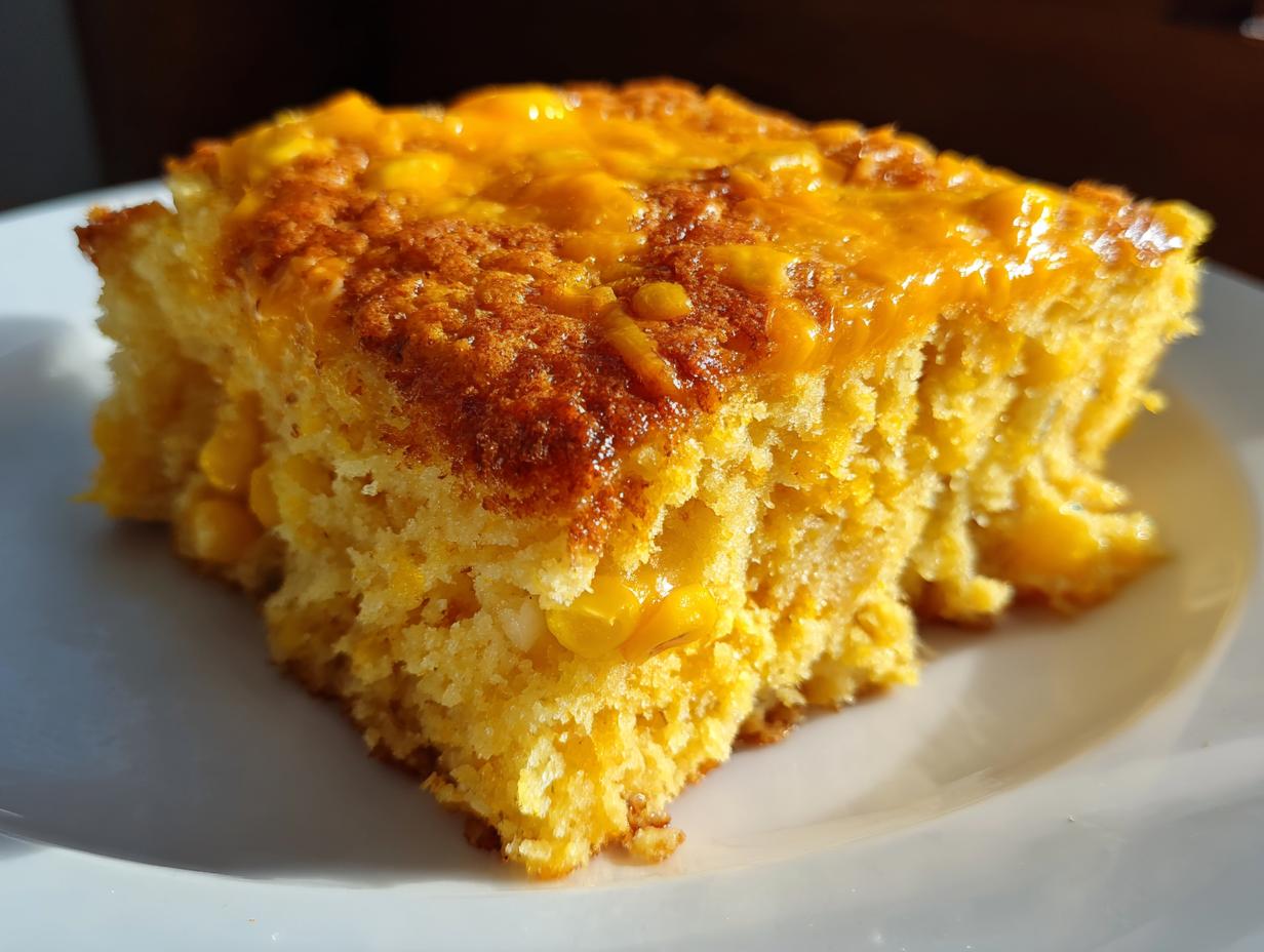 A close-up, featured image of a moist slice of cheesy cornbread casserole with visible corn kernels.