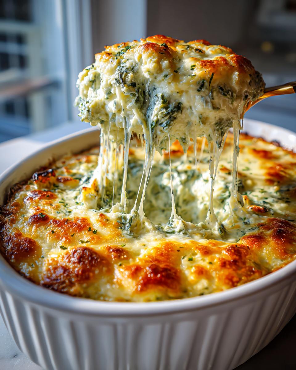 A spoonful of hot, cheesy spinach artichoke dip being lifted, showing long, gooey cheese pulls.