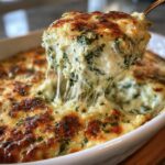 Close-up of a spoonful being lifted from a baked spinach artichoke dip, showing extreme cheese pull.